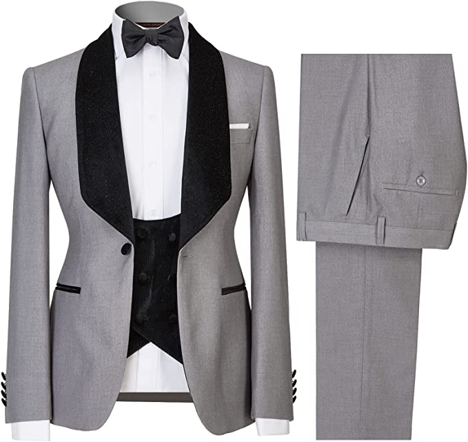 Bespoke Gray Shawl Lapel Three Pieces Men Suits For Wedding
