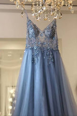 Best Long A-line V-neck Sleeveless Tulle Prom Dress with Slit-27dress