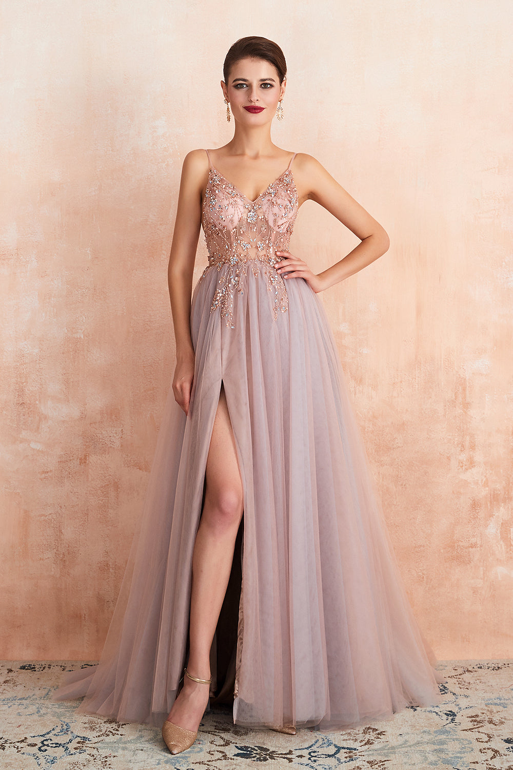 Best Long A-line V-neck Sleeveless Tulle Prom Dress with Slit-27dress