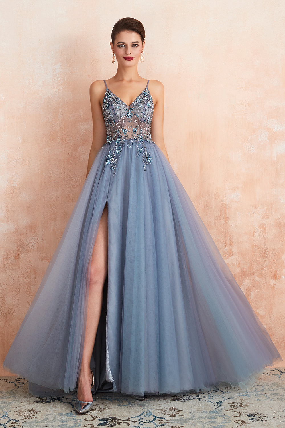 Best Long A-line V-neck Sleeveless Tulle Prom Dress with Slit-27dress