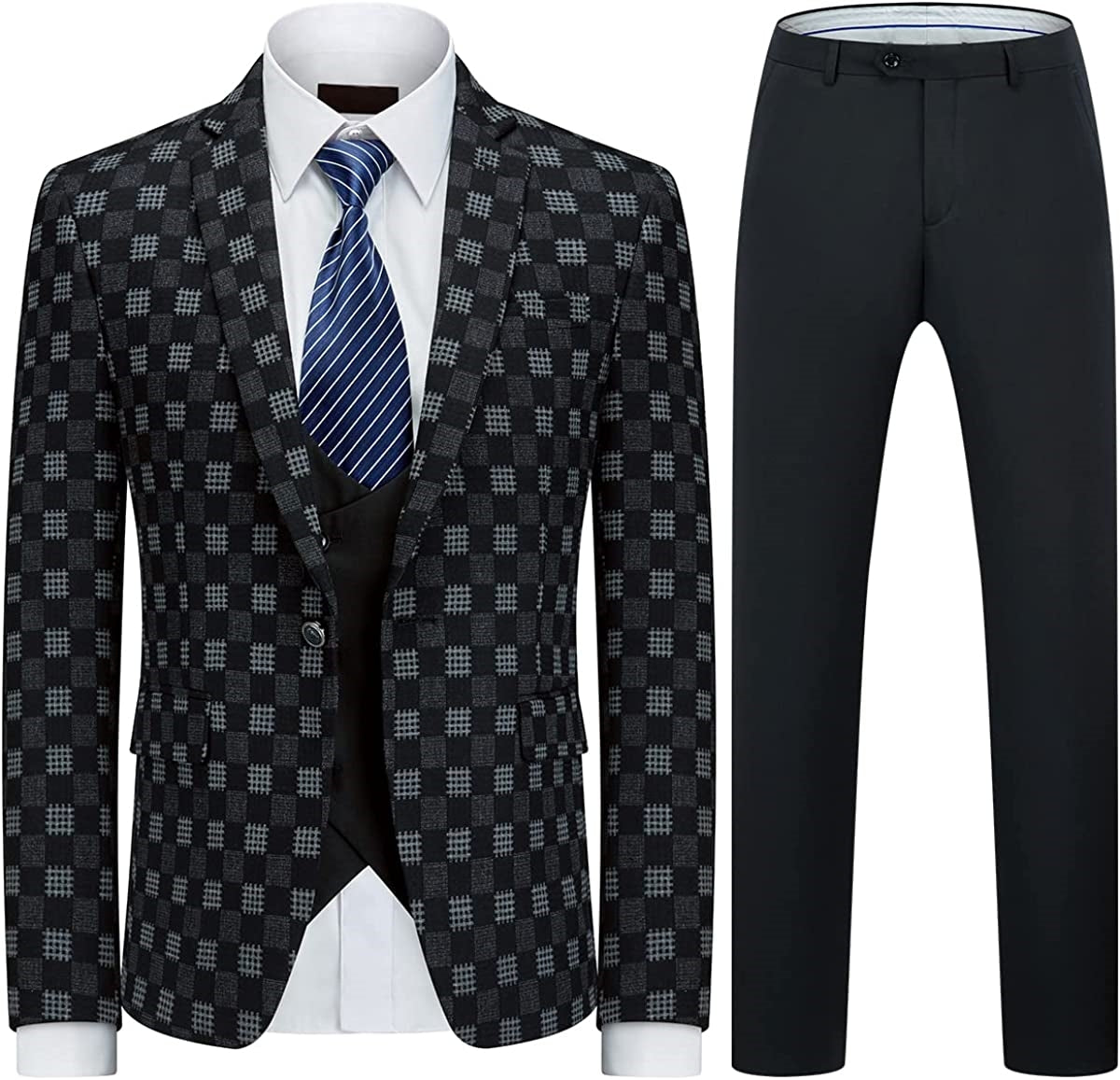 And Plaid Three Pieces Men Black Gray Prom Suits