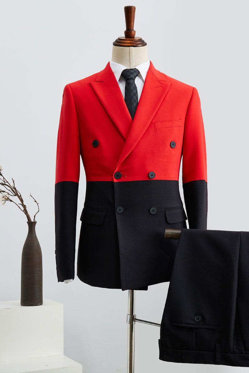 Black And Red Peaked Lapel Double Breasted Prom Suit