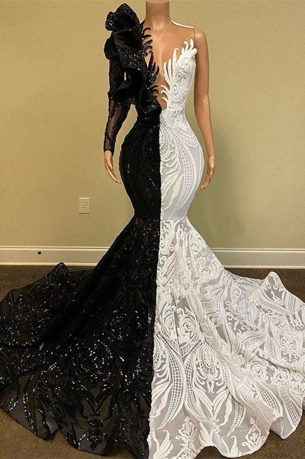 Black and White Lace Long Sleeve Appliques Mermaid Prom Dress With Sequins