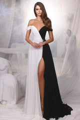 Black And White Off the Shoulder Beadings Long Prom Dress With Front Split