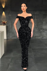 Black Chic Off the Shoulder Strapless Sleeveless Sequins Mermaid Prom Dress