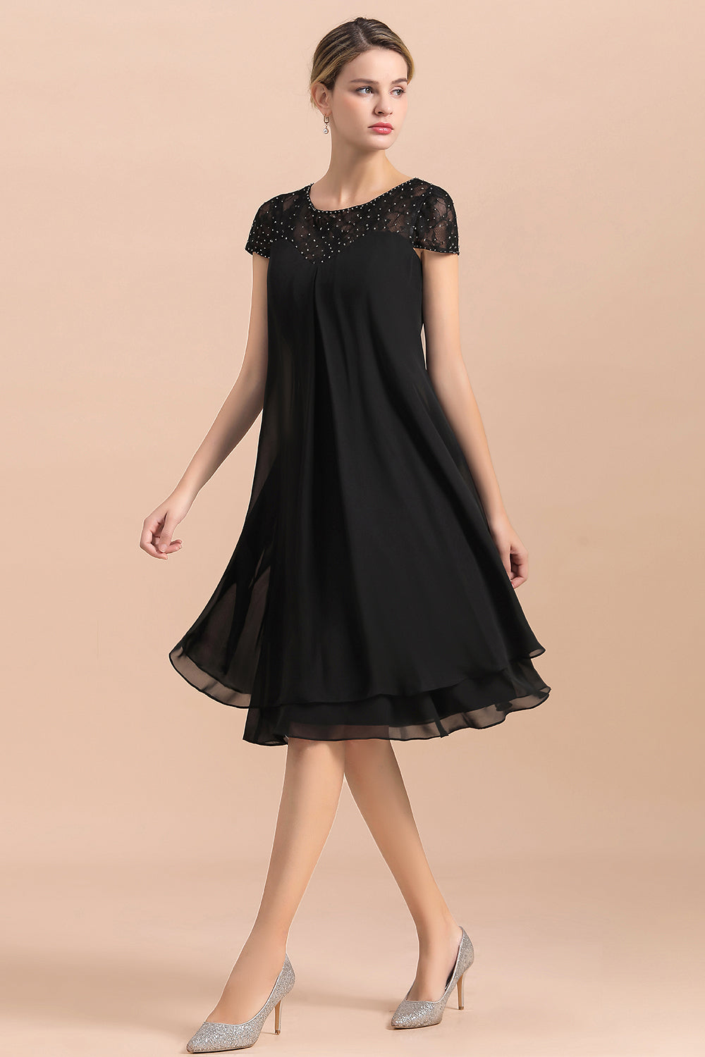 Black Chiffon Short Sleeves Lace Mother of the Bride Dress-27dress
