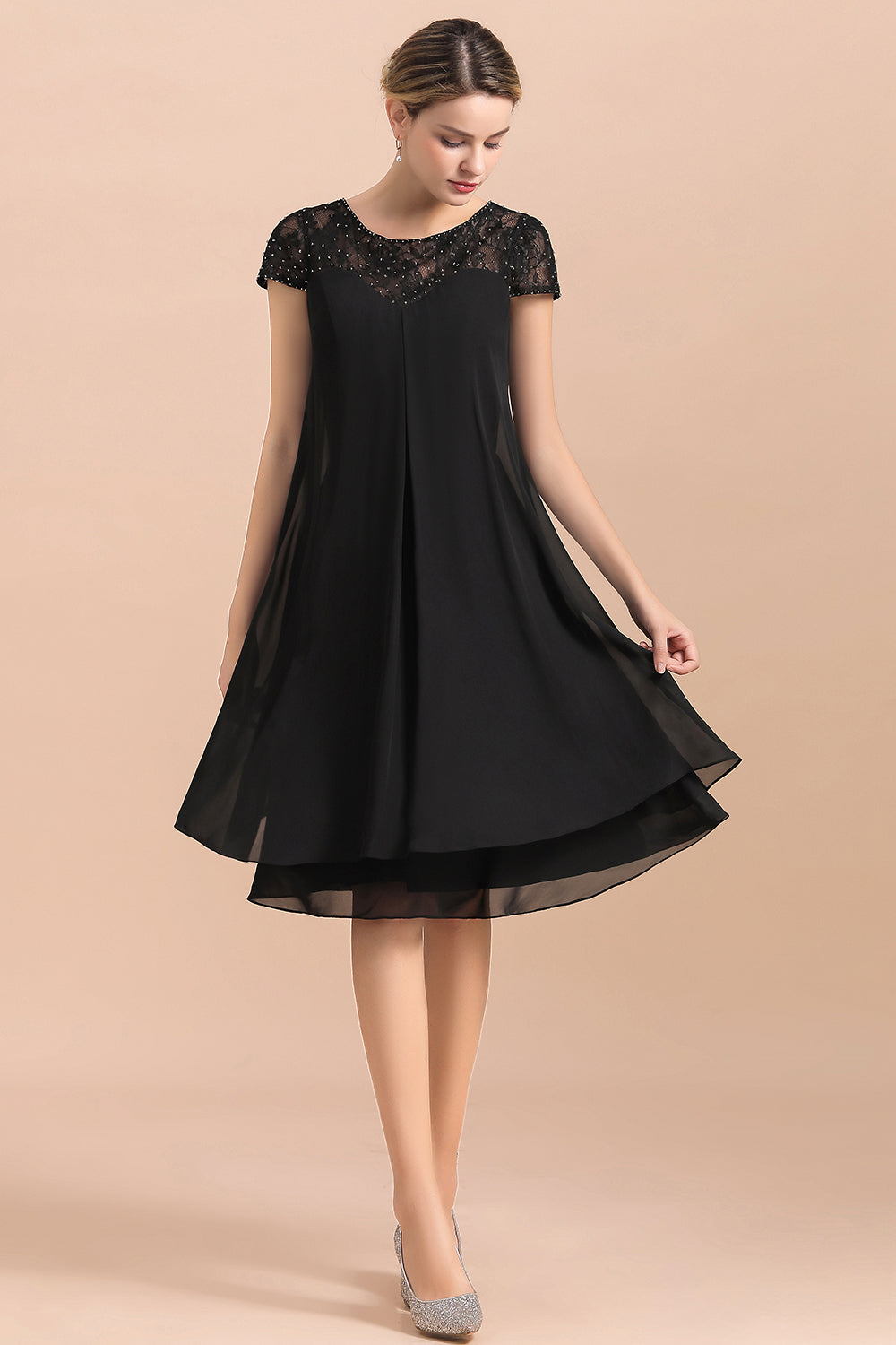 Black Chiffon Short Sleeves Lace Mother of the Bride Dress-27dress