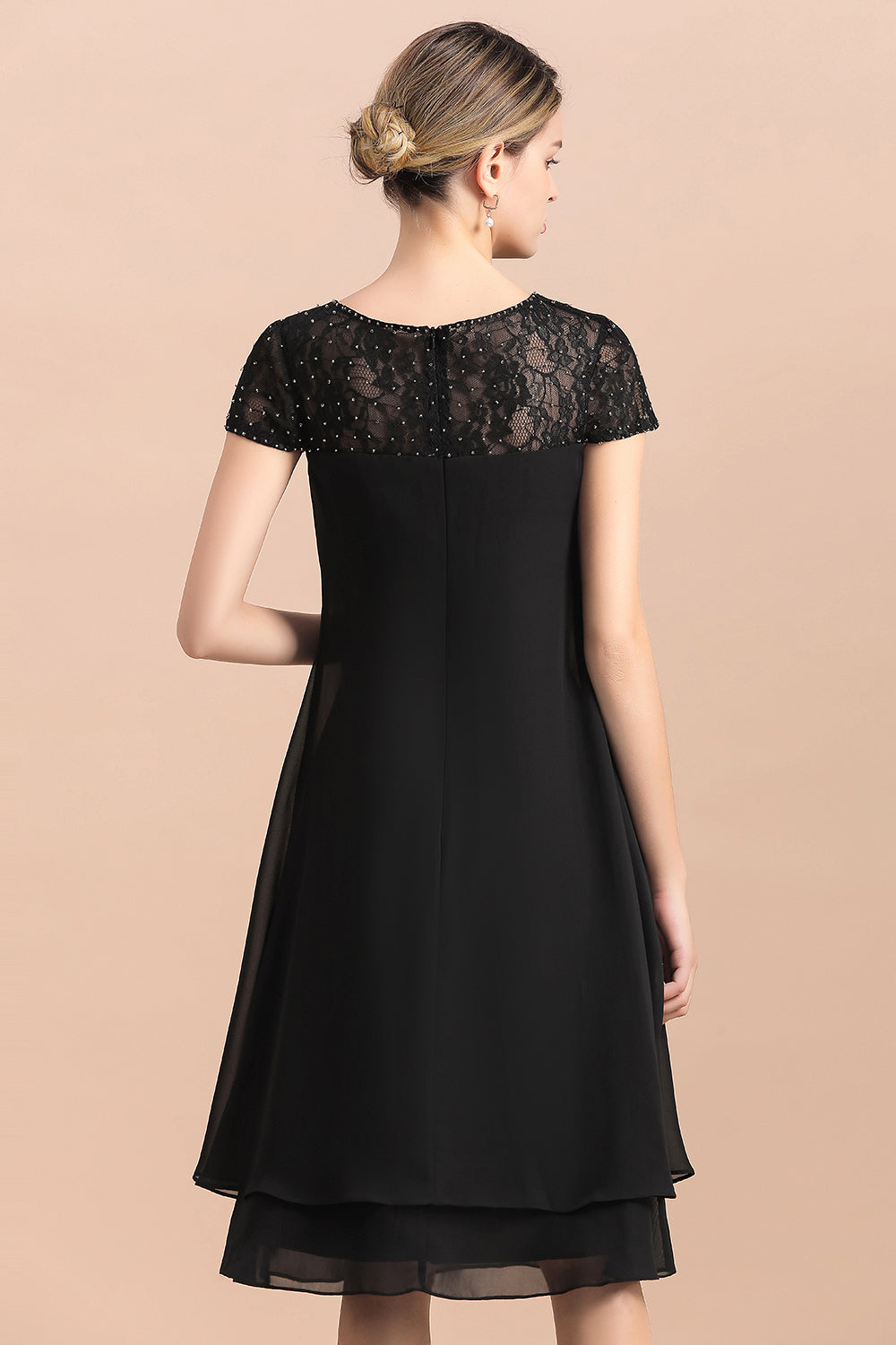 Black Chiffon Short Sleeves Lace Mother of the Bride Dress-27dress