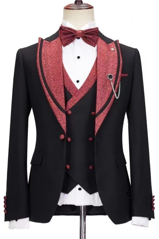 Close Fitting Peaked Lapel Three Pieces Black Wedding Suits