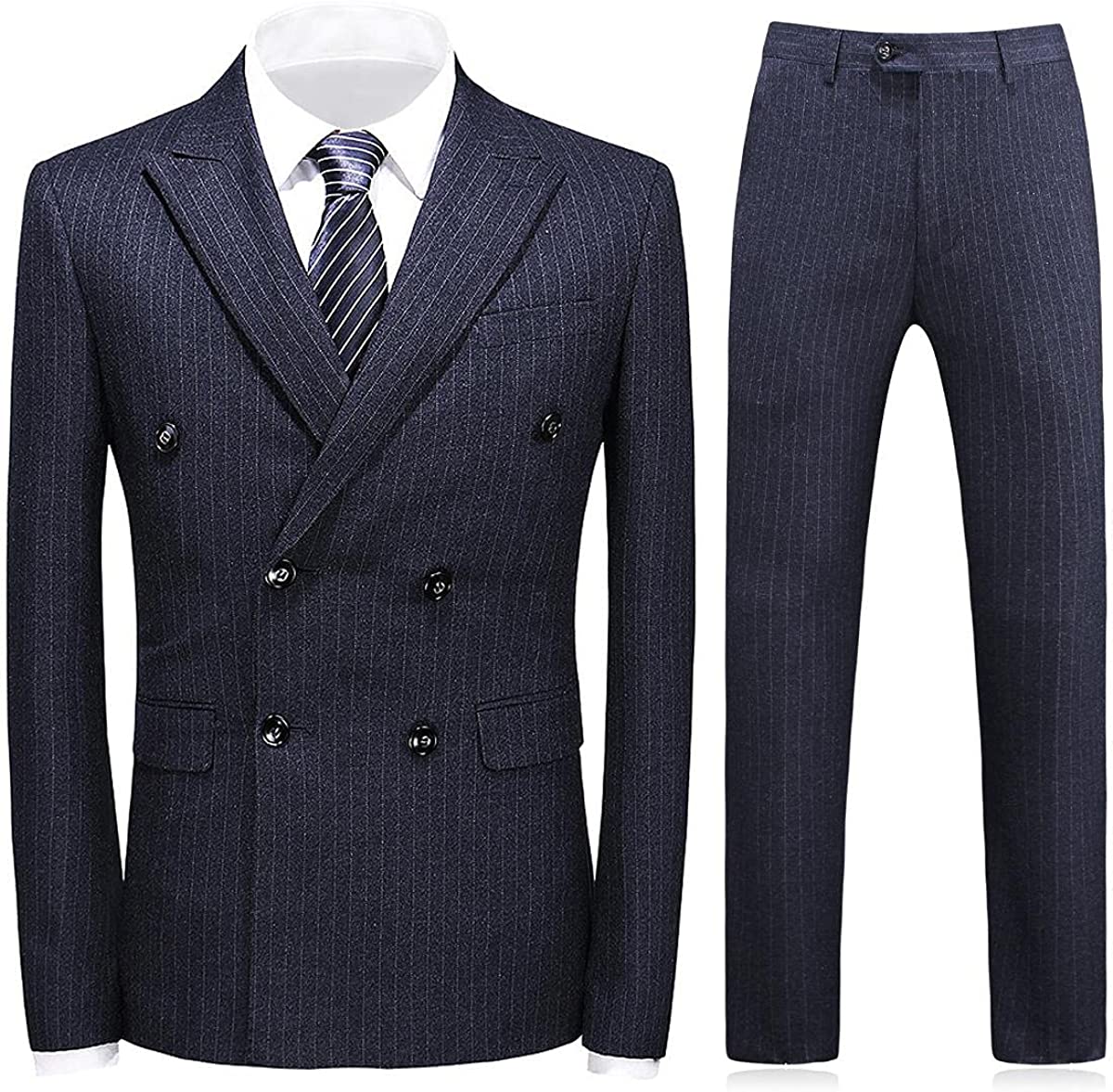 Double Breasted Peaked Lapel Striped Men Black Wedding Suits