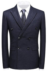 Double Breasted Peaked Lapel Striped Men Black Wedding Suits