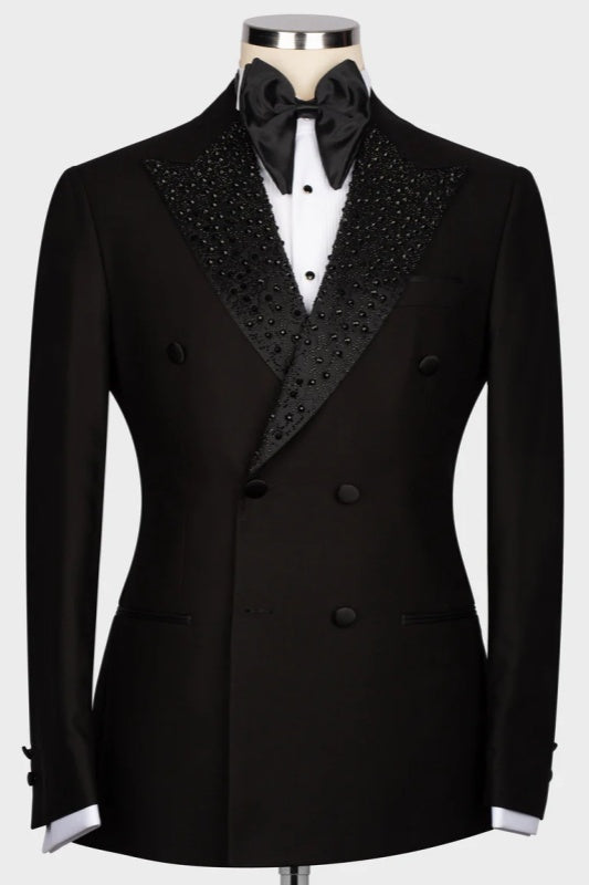 Black Double Breasted Wedding Men Suits With Sequins Peaked Lapel