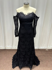 27DRESS Black Elegant Long Sleeves Mermaid Evening Dresses with Sash