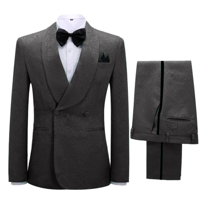 Floarl Jacquard Double Breasted Black Wedding Suits TwoPiece Tuxedos with Shawl Lapel