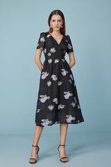 27Dress Black Floral V-neck Short Sleeves A-line Dresses