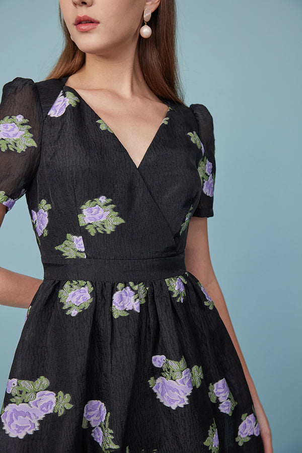 27Dress Black Floral V-neck Short Sleeves A-line Dresses