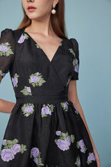 27Dress Black Floral V-neck Short Sleeves A-line Dresses