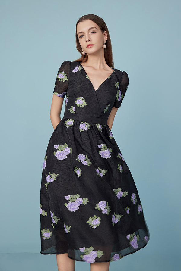 27Dress Black Floral V-neck Short Sleeves A-line Dresses