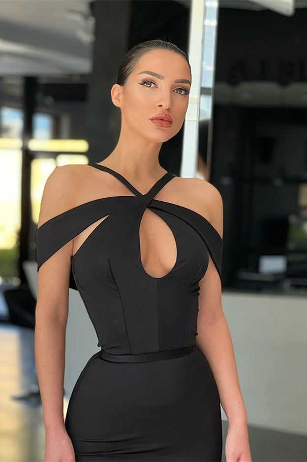 Black Halter Off the Shoulder Mermaid Prom Dress With Pleated