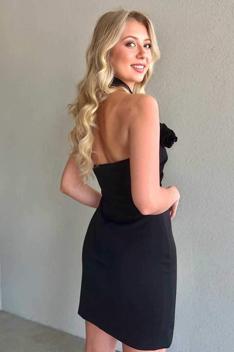 Black Short Halter Rosette Fitted Mini Dress 27dress Black Short Halter Rosette Fitted Mini Dress 27dress