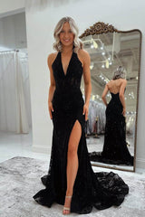 Black Halter Sleeveless V Neck Mermaid Long Prom Dress With Split