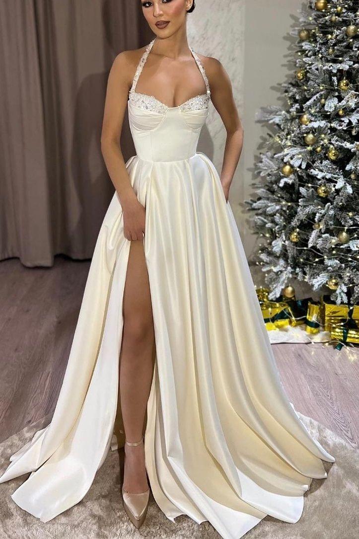Black Halter Sweetheart Sleeveless Long Prom Dress With Split