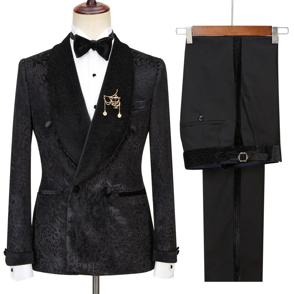 Jacquard Double Breasted Black Wedding Suits With Velvet Shawl Lapel