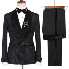 Jacquard Double Breasted Black Wedding Suits With Velvet Shawl Lapel