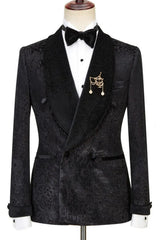 Jacquard Double Breasted Black Wedding Suits With Velvet Shawl Lapel