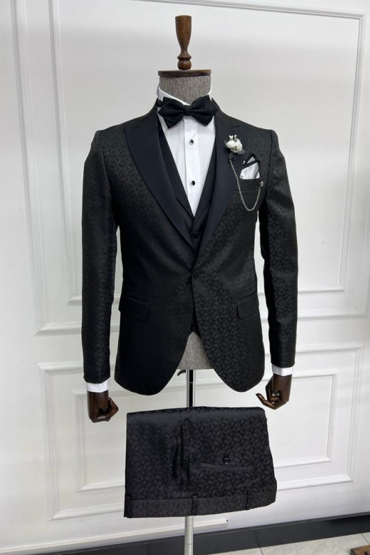 Jacquard Notched Lapel Three Pieces Black Wedding Suits