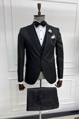 Jacquard Notched Lapel Three Pieces Black Wedding Suits