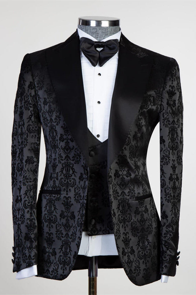 Black Jacquard Peaked Lapel Three Pieces Men Suits