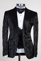 Black Jacquard Peaked Lapel Three Pieces Men Suits