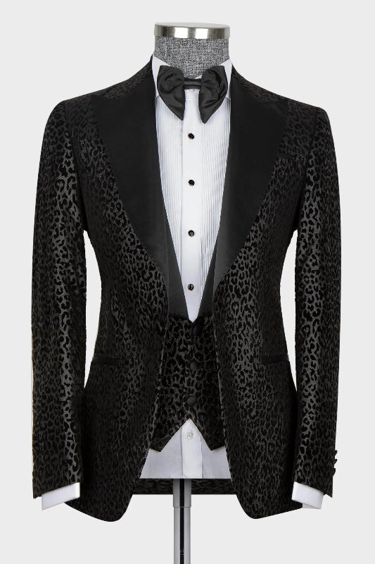 Jacquard Peaked Lapel Three Pieces Black Wedding Suits