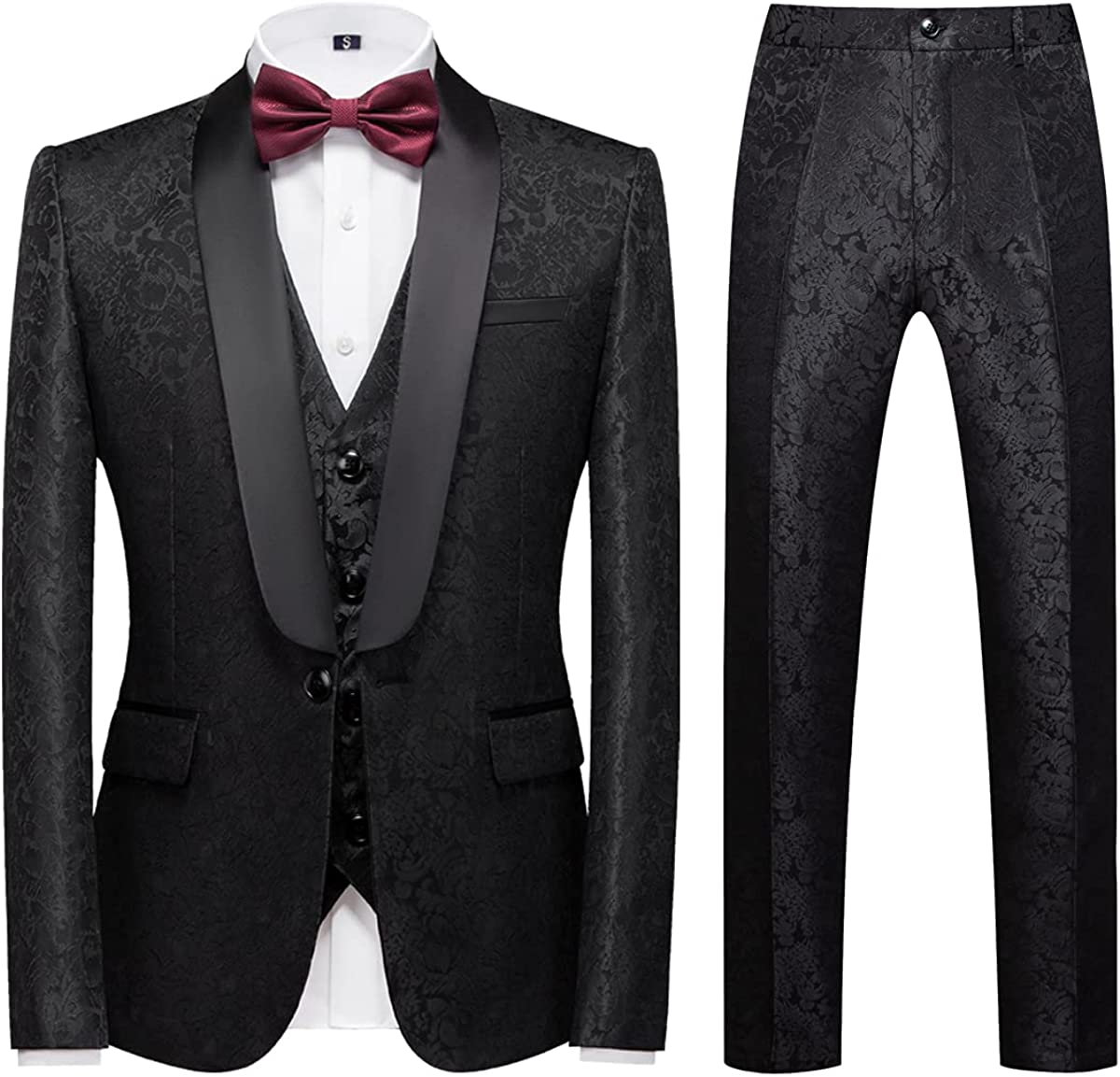 Black Jacquard Shawl Lapel Three Pieces Men Suits For Wedding