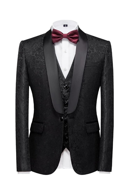 Black Jacquard Shawl Lapel Three Pieces Men Suits For Wedding