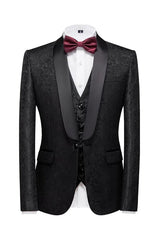Black Jacquard Shawl Lapel Three Pieces Men Suits For Wedding