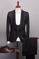 Jacquard Three Pieces One Button Black Wedding Suits for Men