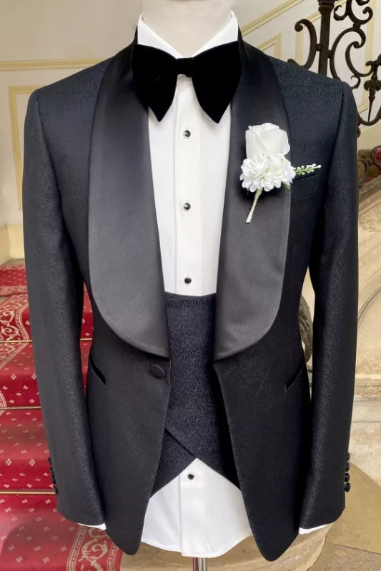 Jacquard Three Pieces Black Wedding Suits