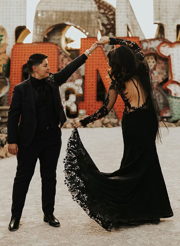 Black Long Mermaid High Neck Lace Tulle Wedding Dress with Sleeves-27dress
