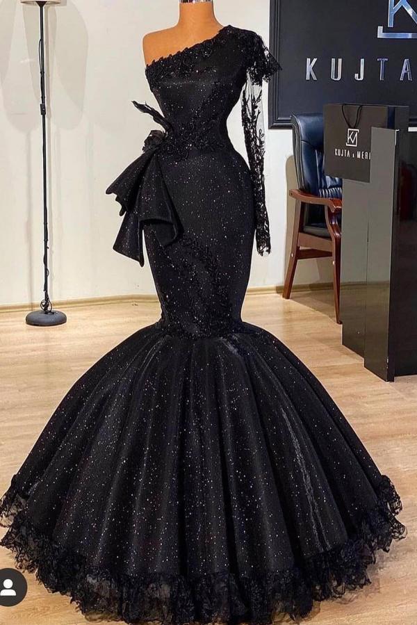 Black Long Mermaid One Shoulder Sequins Prom Dress with Sleeves-27Dress