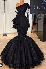 Black Long Mermaid One Shoulder Sequins Prom Dress with Sleeves-27Dress