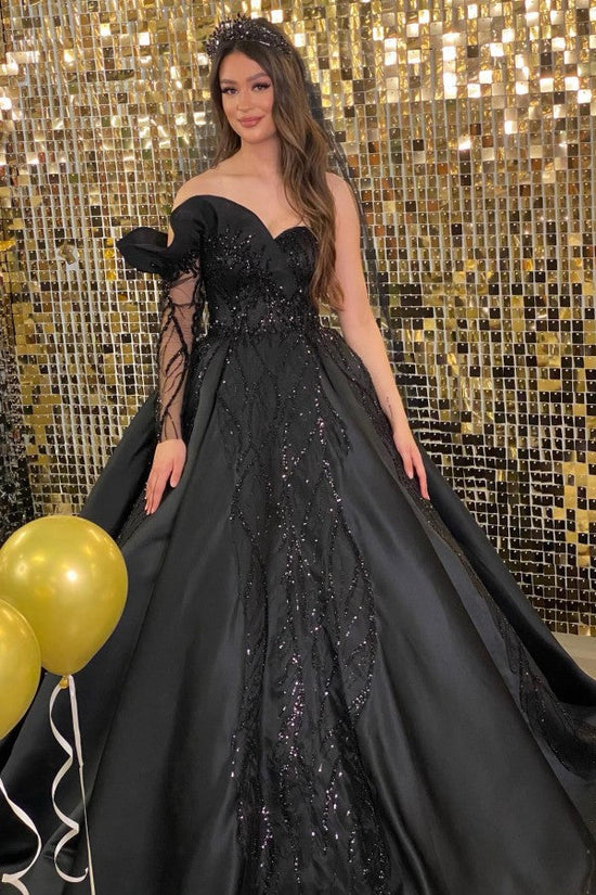 Black Long Sleeve Prom Dress One Shoulder Ball Gown With Beads-27dress