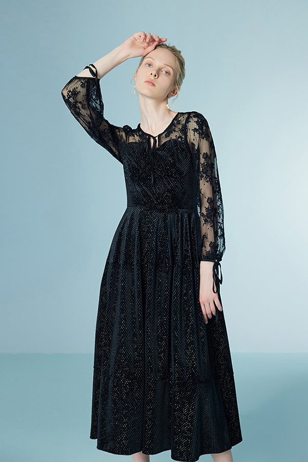 27Dress Black Long Sleeves Lace Sequined A-line Dresses