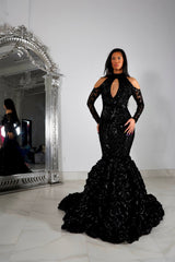 Black Long Sleeves Prom Dress With Appliques Long Flowers Mermaid