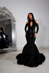 Black Long Sleeves Prom Dress With Appliques Long Flowers Mermaid