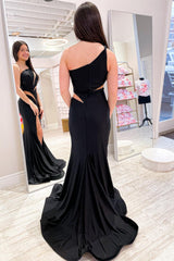 Black Mermaid One Shoulder Cut-Out Satin Long Prom Dress with Silt