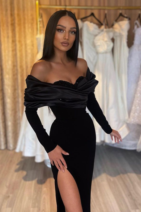 Black Mermaid Prom Dress Half Sleeves Pleated With High Split