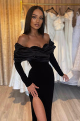 Black Mermaid Prom Dress Half Sleeves Pleated With High Split