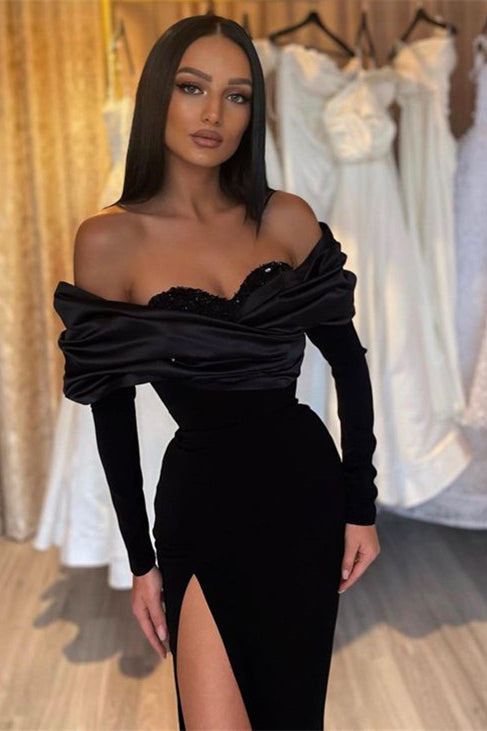 Black Mermaid Prom Dress Half Sleeves Pleated With High Split